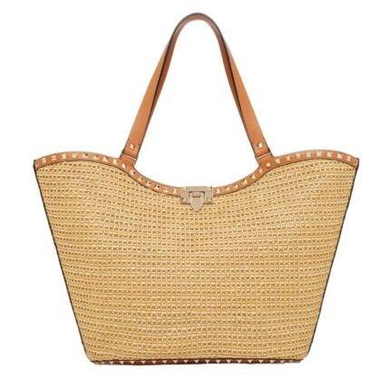 VALENTINO ROCKSTUD WOVEN RAFFIA SHOPPING BAG