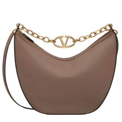 VALENTINO GARAVANI VLOGO MOON MEDIUM GRAINY CALFSKIN HOBO BAG WITH CHAIN