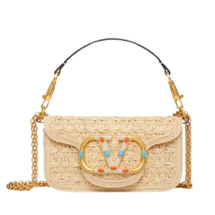 SMALL VALENTINO GARAVANI LOCÒ RAFFIA SHOULDER BAG WITH JEWEL LOGO