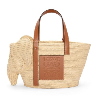 LOEWE ELEPHANT BASKET BAG IN RAFFIA AND CALFSKIN