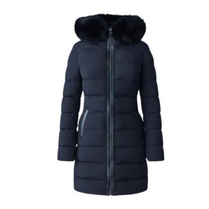 MACKAGE CALLA AGILE-360 STRETCH LIGHT DOWN COAT WITH BLUE FOX FUR COLLAR