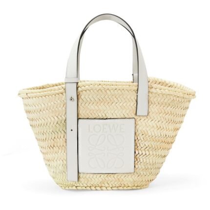 LOEWE SMALL BASKET BAG IN PALM LEAF AND CALFSKIN