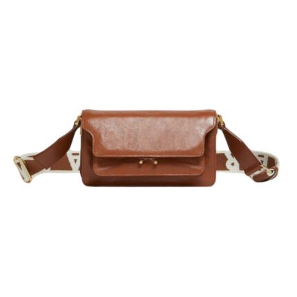 MARNI BROWN LEATHER EW SOFT TRUNK BAG WITH LOGO STRAP