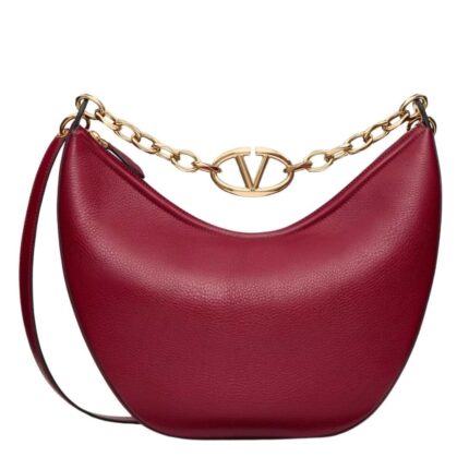 VALENTINO GARAVANI VLOGO MOON MEDIUM GRAINY CALFSKIN HOBO BAG WITH CHAIN
