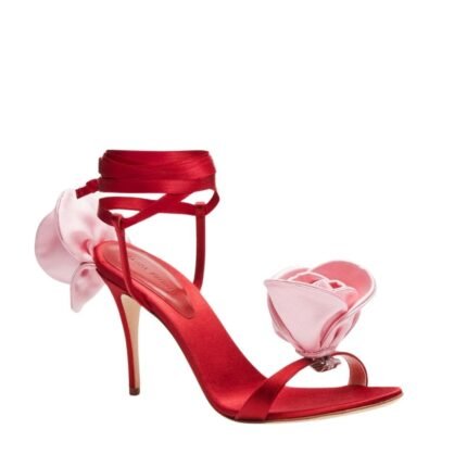 MAGDA BUTRYM DOUBLE PINK FLOWER HEEL SANDALS IN RED SATIN