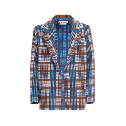 MARNI BROWN AND BLUE CHECKED TECHNO KNIT BLAZER