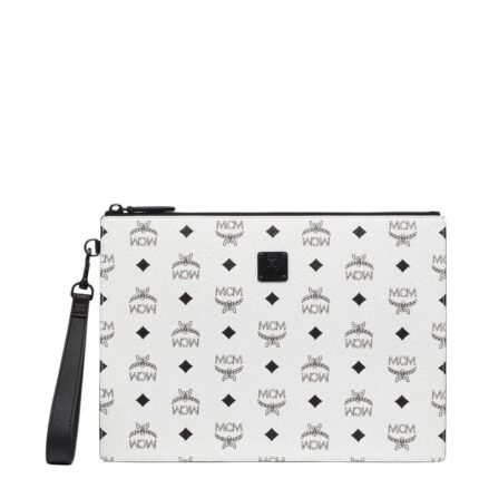 MCM MEDIUM AREN WRISTLET ZIP POUCH IN VISETOS WHITE