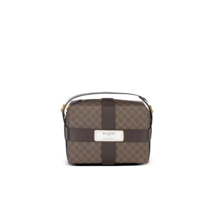 BALMAIN MINI MONOGRAM CANVAS AND LEATHER BOX BAG
