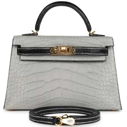 HERMÈS SPECIAL ORDER HSS KELLY SELLIER 20 GRIS PERLE AND BLACK MATTE ALLIGATOR GOLD HARDWARE