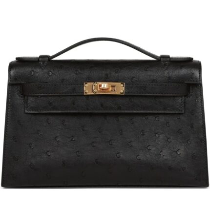 HERMÈS KELLY POCHETTE BLACK OSTRICH GOLD HARDWARE
