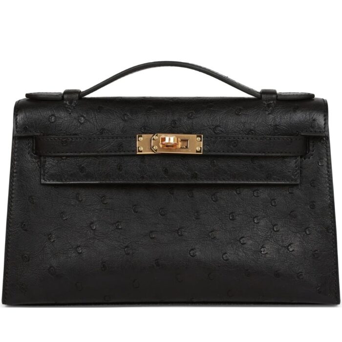 HERMÈS KELLY POCHETTE BLACK OSTRICH GOLD HARDWARE