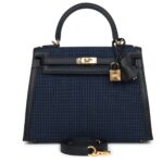 HERMÈS QUADRILLE KELLY SELLIER 25 BLACK SWIFT AND BLEU SAPHIR TOILE GOLD HARDWARE