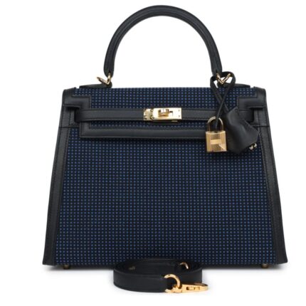HERMÈS QUADRILLE KELLY SELLIER 25 BLACK SWIFT AND BLEU SAPHIR TOILE GOLD HARDWARE