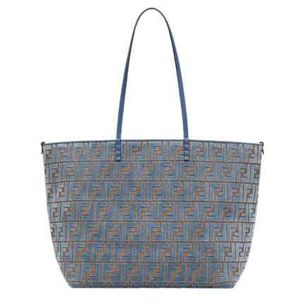 FENDI ROLL LARGE LIGHT BLUE FF JACQUARD VELVET SHOPPER