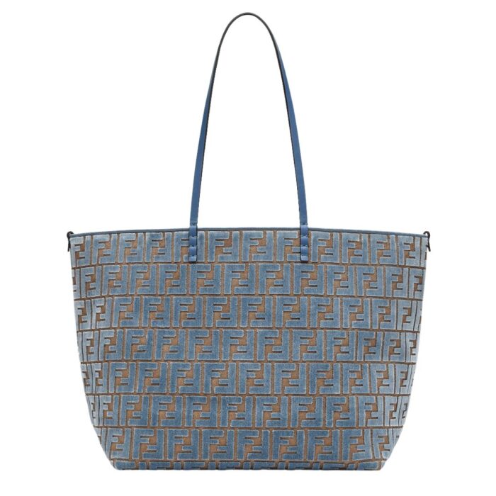FENDI ROLL LARGE LIGHT BLUE FF JACQUARD VELVET SHOPPER