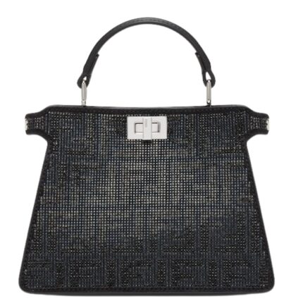 FENDI PEEKABOO ISEEU PETITE BLACK SUEDE BAG WITH FF IN CRYSTALS AND STUDS