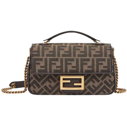 FENDI BAGUETTE CHAIN MIDI BROWN FF JACQUARD FABRIC BAG
