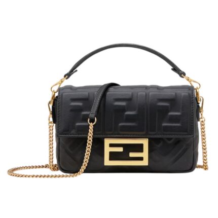 FENDI BAGUETTE MINI BLACK NAPPA LEATHER BAG WITH FF MOTIF