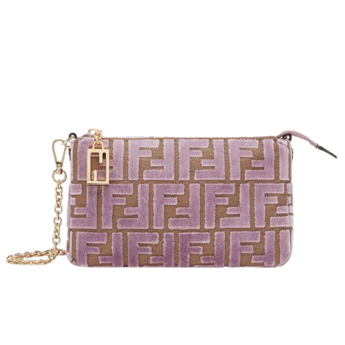 FENDI BAGUETTE POUCH MAUVE PINK JACQUARD FF VELVET POUCH WITH CHAIN