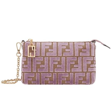 FENDI BAGUETTE POUCH MAUVE PINK JACQUARD FF VELVET POUCH WITH CHAIN