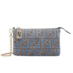 FENDI BAGUETTE POUCH LIGHT BLUE JACQUARD FF VELVET POUCH WITH CHAIN