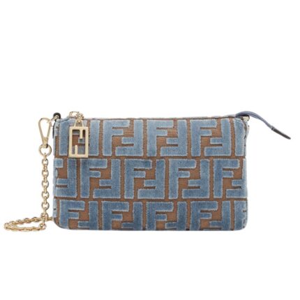 FENDI BAGUETTE POUCH LIGHT BLUE JACQUARD FF VELVET POUCH WITH CHAIN
