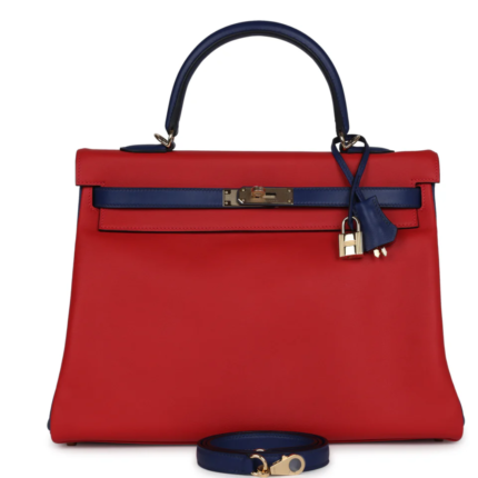 HERMÈS SPECIAL ORDER (HSS) KELLY RETOURNE 35 VERMILLON AND BLEU SAPHIR SWIFT PERMABRASS HARDWARE