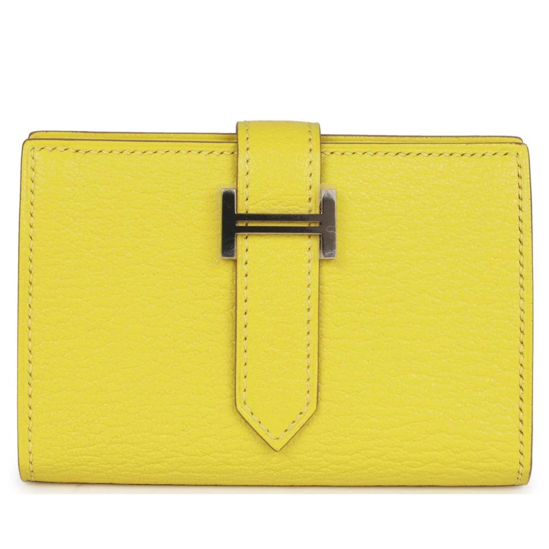 1 HERMÈS BEARN MINI WALLET LIME CHEVRE MYSORE PALLADIUM HARDWARE
