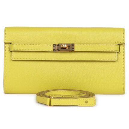 HERMÈS KELLY WALLET TO GO LIME CHEVRE MYSORE GOLD HARDWARE