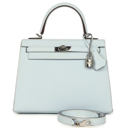 PRE-OWNED HERMÈS KELLY SELLIER 25 BLEU BRUME EPSOM PALLADIUM HARDWARE
