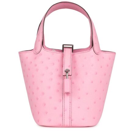 HERMÈS MICRO PICOTIN LOCK 14 BUBBLEGUM OSTRICH PALLADIUM HARDWARE