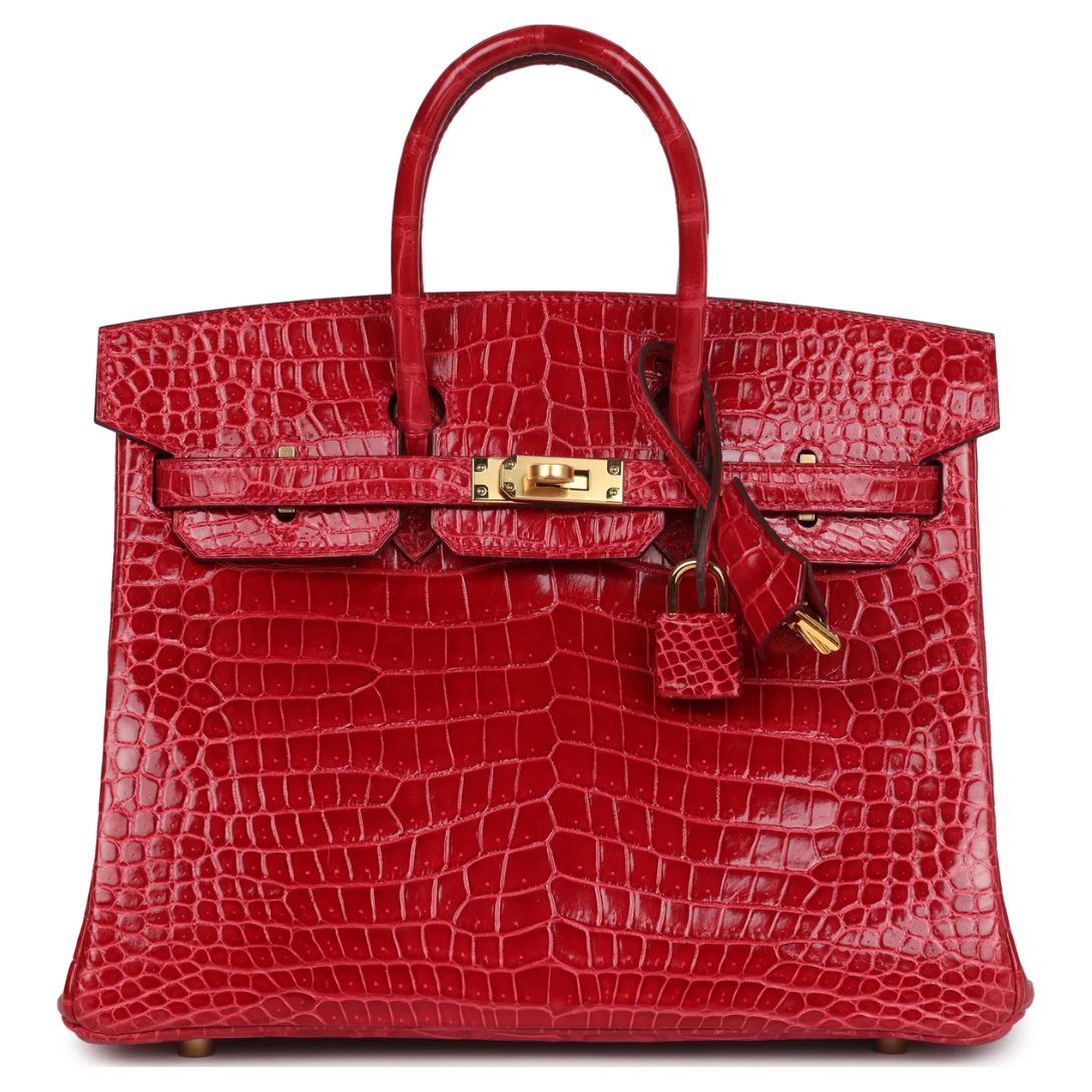 1 HERMÈS BIRKIN 25 BRAISE SHINY POROSUS CROCODILE GOLD HARDWARE