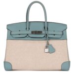 PRE-OWNED HERMÈS BIRKIN 35 TOILE H AND CIEL CLEMENCE PALLADIUM HARDWARE