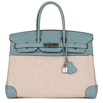 PRE-OWNED HERMÈS BIRKIN 35 TOILE H AND CIEL CLEMENCE PALLADIUM HARDWARE