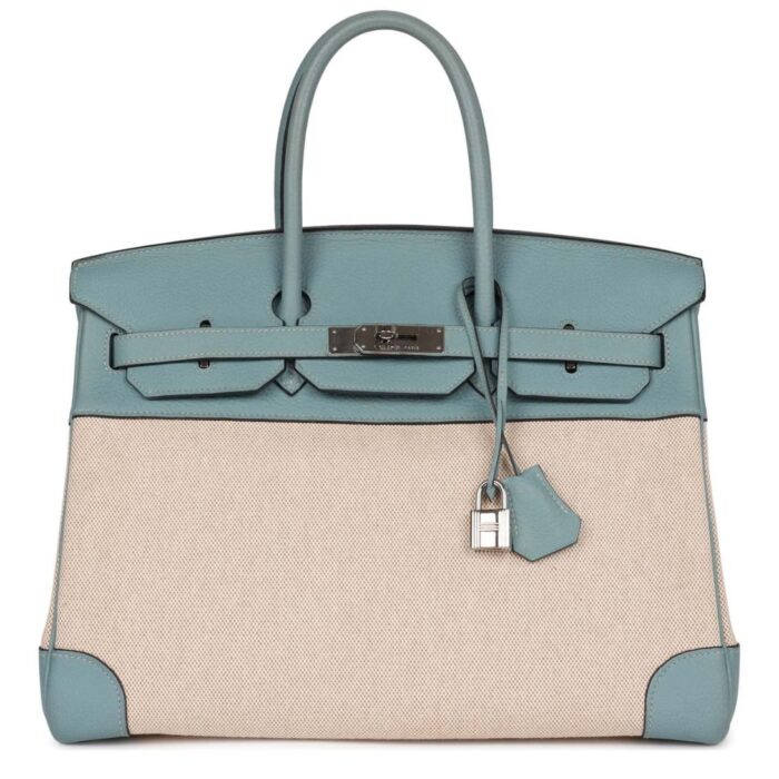 PRE-OWNED HERMÈS BIRKIN 35 TOILE H AND CIEL CLEMENCE PALLADIUM HARDWARE