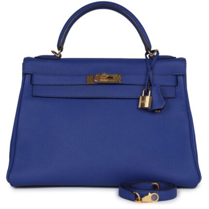 PRE-OWNED HERMÈS KELLY RETOURNE 32 BLEU ELECTRIC TOGO GOLD HARDWARE