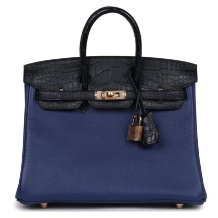HERMÈS BIRKIN 25 BLEU SAPHIR TAURILLION NOVILLO AND BLEU MARINE MATTE ALLIGATOR TOUCH ROSE GOLD HARDWARE