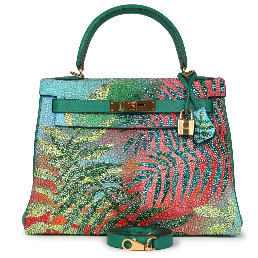 1 CUSTOM TROPICAL SWAROVSKI CRYSTAL HERMÈS KELLY RETOURNE 28 VERT VERTIGO CLEMENCE GOLD HARDWARE