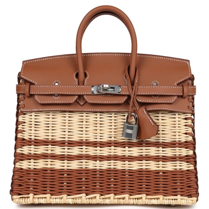 HERMÈS PICNIC BIRKIN 25 GOLD SWIFT AND STRIPE WICKER PALLADIUM HARDWARE