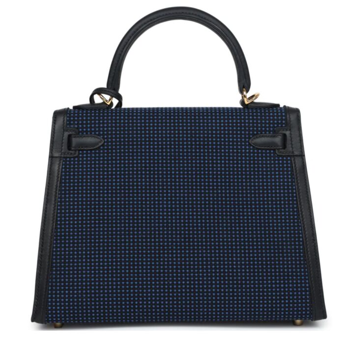 HERMÈS QUADRILLE KELLY SELLIER 25 BLACK SWIFT AND BLEU SAPHIR TOILE GOLD HARDWARE
