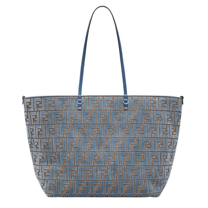 FENDI ROLL LARGE LIGHT BLUE FF JACQUARD VELVET SHOPPER