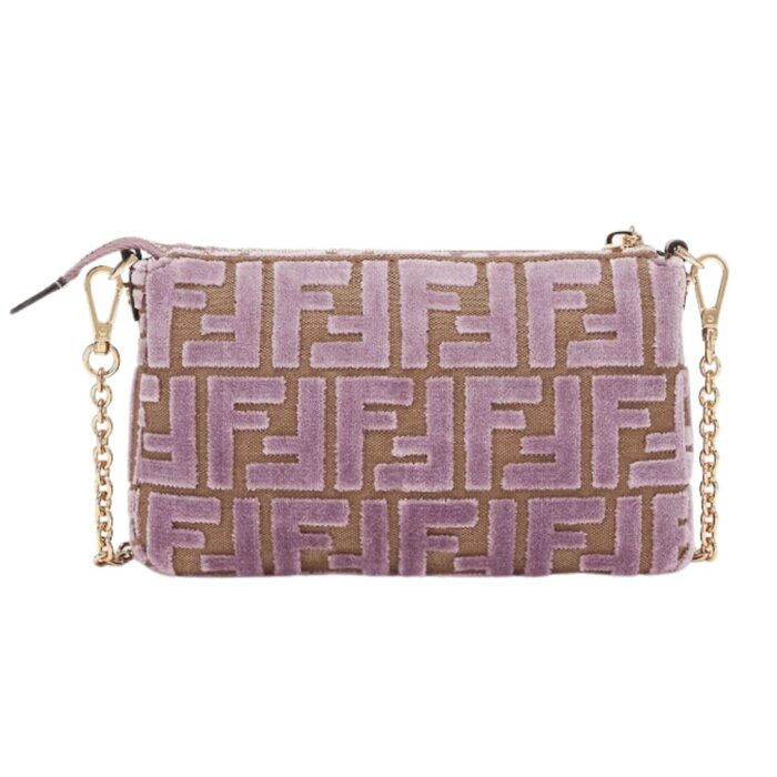 FENDI BAGUETTE POUCH MAUVE PINK JACQUARD FF VELVET POUCH WITH CHAIN