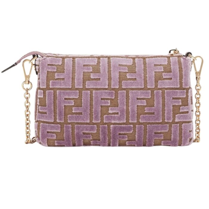FENDI BAGUETTE POUCH MAUVE PINK JACQUARD FF VELVET POUCH WITH CHAIN