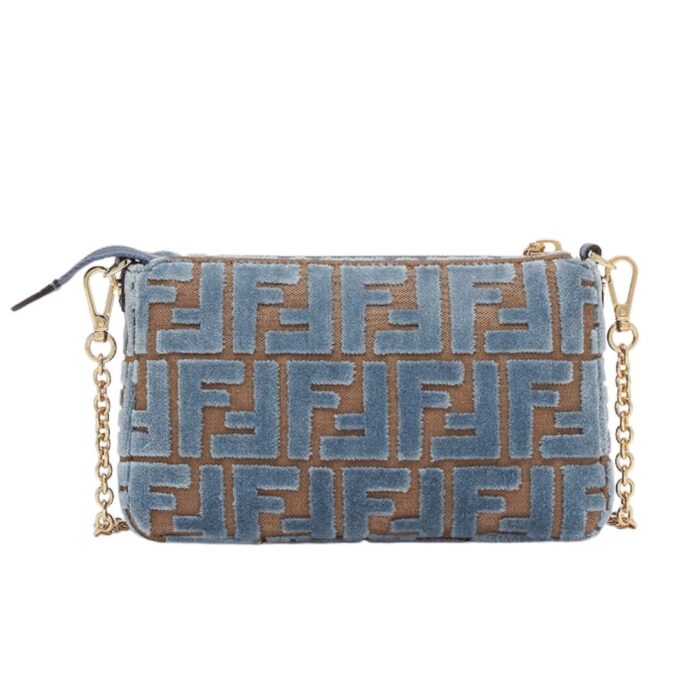 FENDI BAGUETTE POUCH LIGHT BLUE JACQUARD FF VELVET POUCH WITH CHAIN