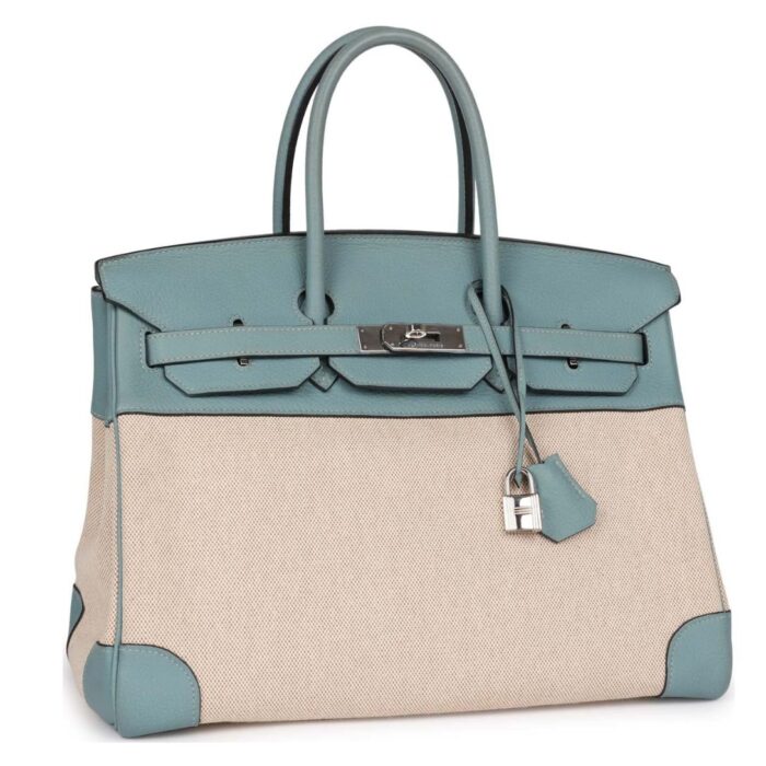 PRE-OWNED HERMÈS BIRKIN 35 TOILE H AND CIEL CLEMENCE PALLADIUM HARDWARE