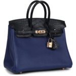 HERMÈS BIRKIN 25 BLEU SAPHIR TAURILLION NOVILLO AND BLEU MARINE MATTE ALLIGATOR TOUCH ROSE GOLD HARDWARE