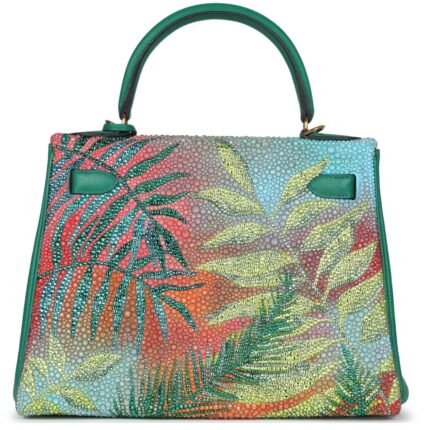 CUSTOM TROPICAL SWAROVSKI CRYSTAL HERMÈS KELLY RETOURNE 28 VERT VERTIGO CLEMENCE GOLD HARDWARE