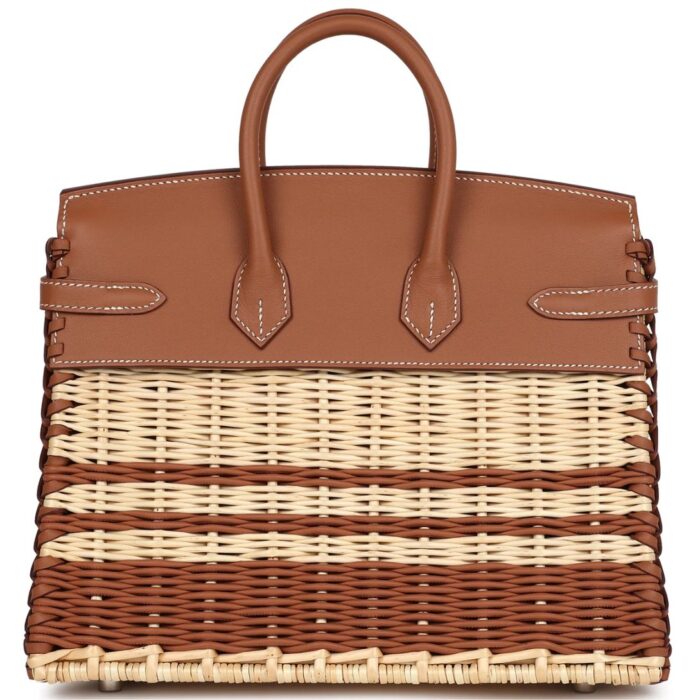 HERMÈS PICNIC BIRKIN 25 GOLD SWIFT AND STRIPE WICKER PALLADIUM HARDWARE