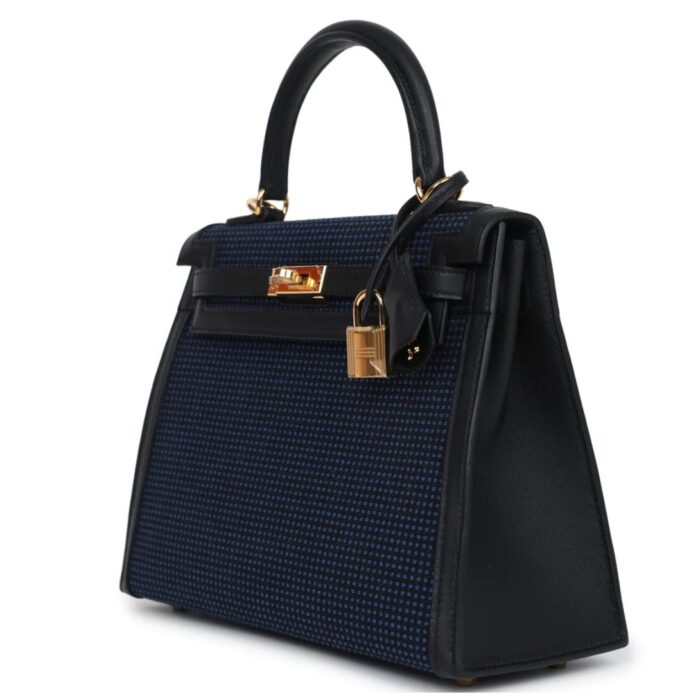 HERMÈS QUADRILLE KELLY SELLIER 25 BLACK SWIFT AND BLEU SAPHIR TOILE GOLD HARDWARE
