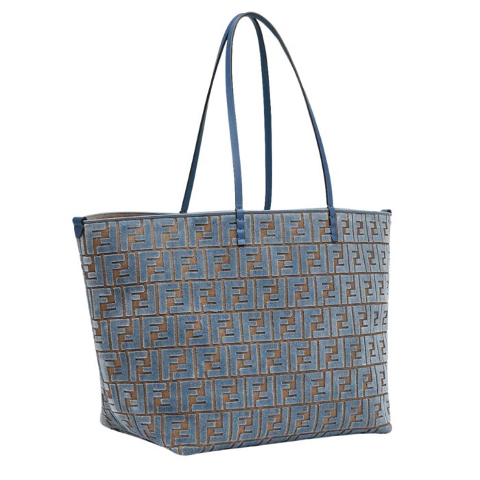 FENDI ROLL LARGE LIGHT BLUE FF JACQUARD VELVET SHOPPER